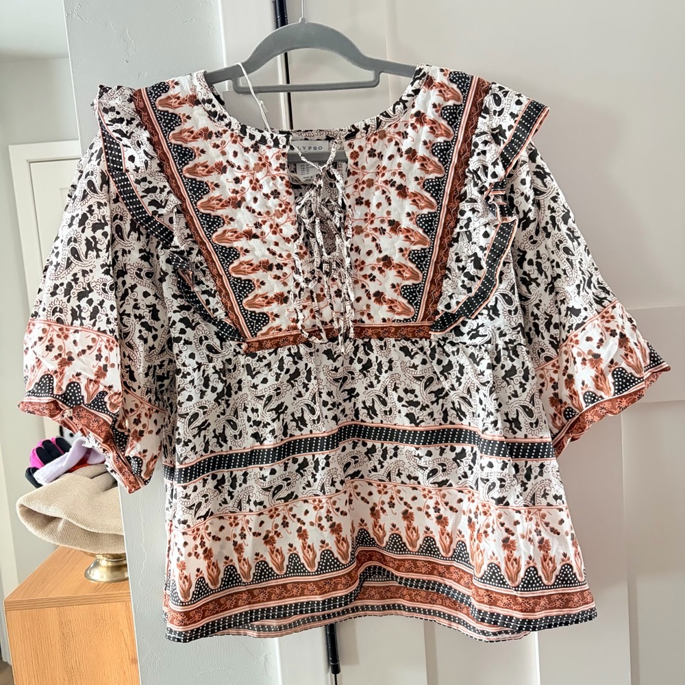 NWT Calypso St. Barth Boho Women's Top Black, White, Orange